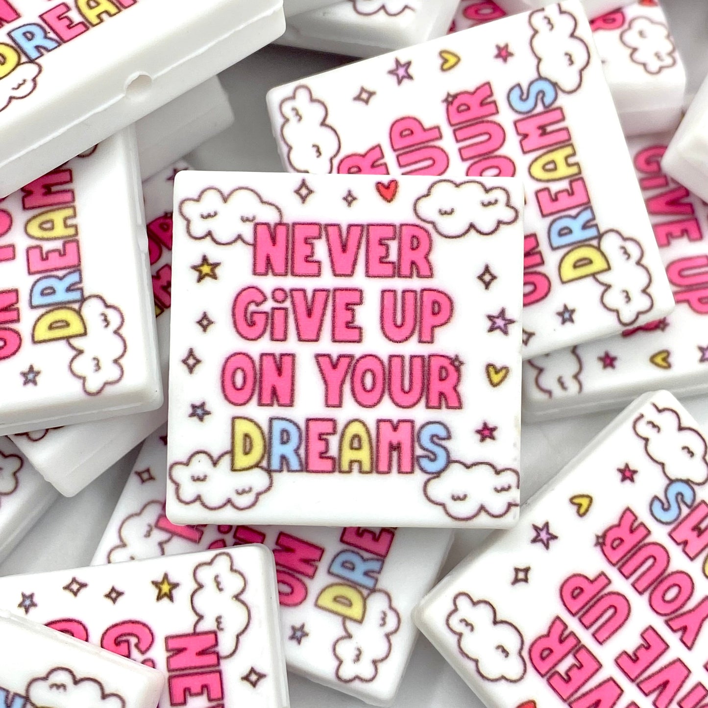 Never Give Up On Your Dreams Printed Silicone Focal Beads