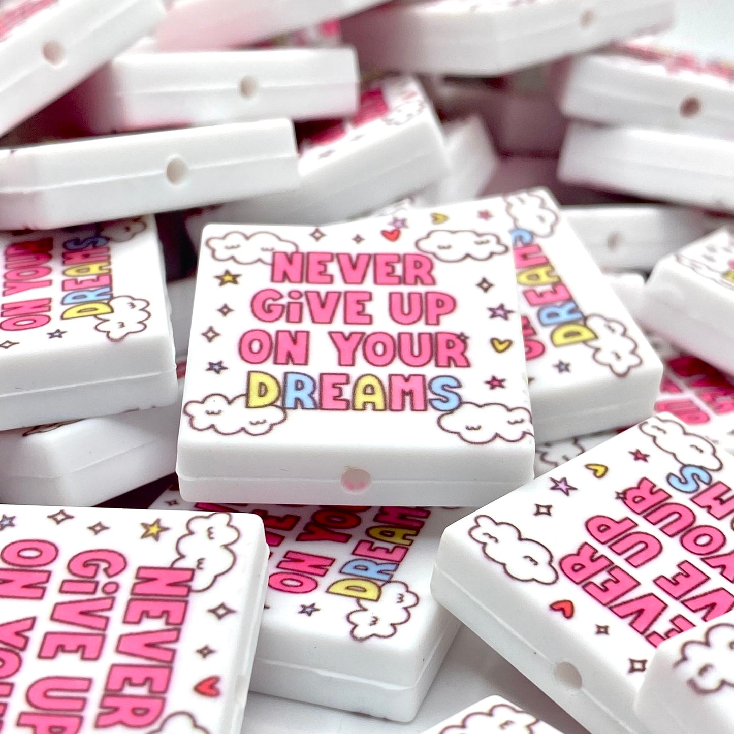 Never Give Up On Your Dreams Printed Silicone Focal Beads