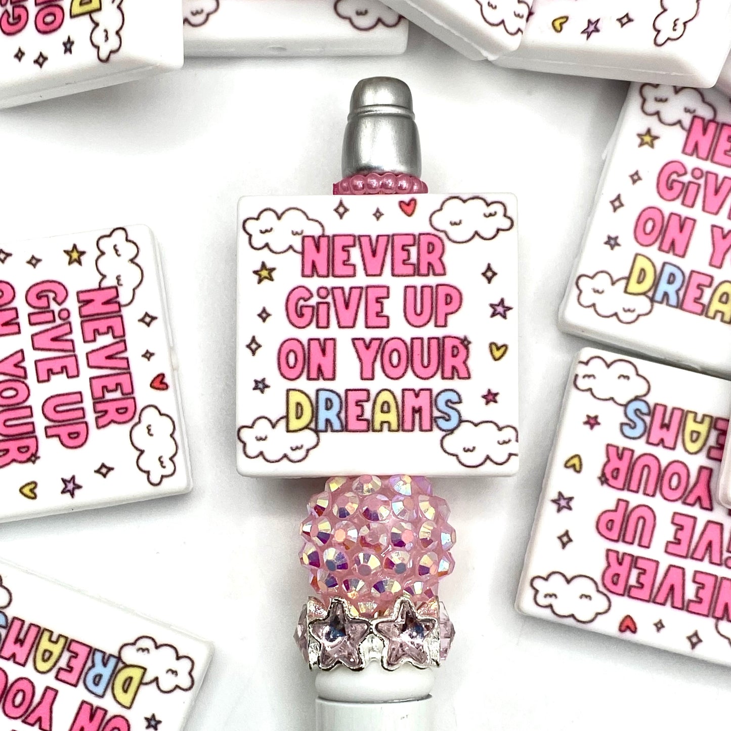 Never Give Up On Your Dreams Printed Silicone Focal Beads