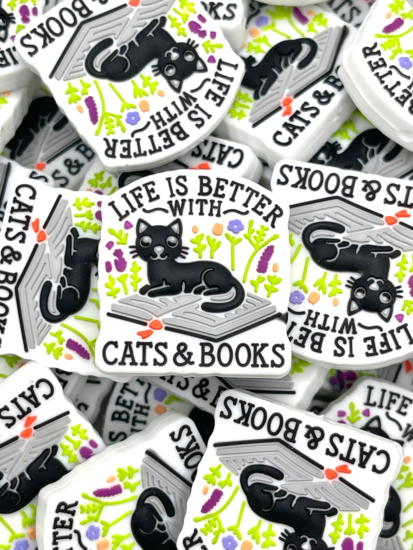Life Is Better With Cats & Books Silicone Focal Beads