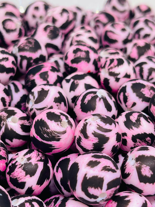 Pink Cheetah Girl Printed Silicone Beads 15mm | Farmhouse Beads | Cheetah Printed Beads | Pink Beads