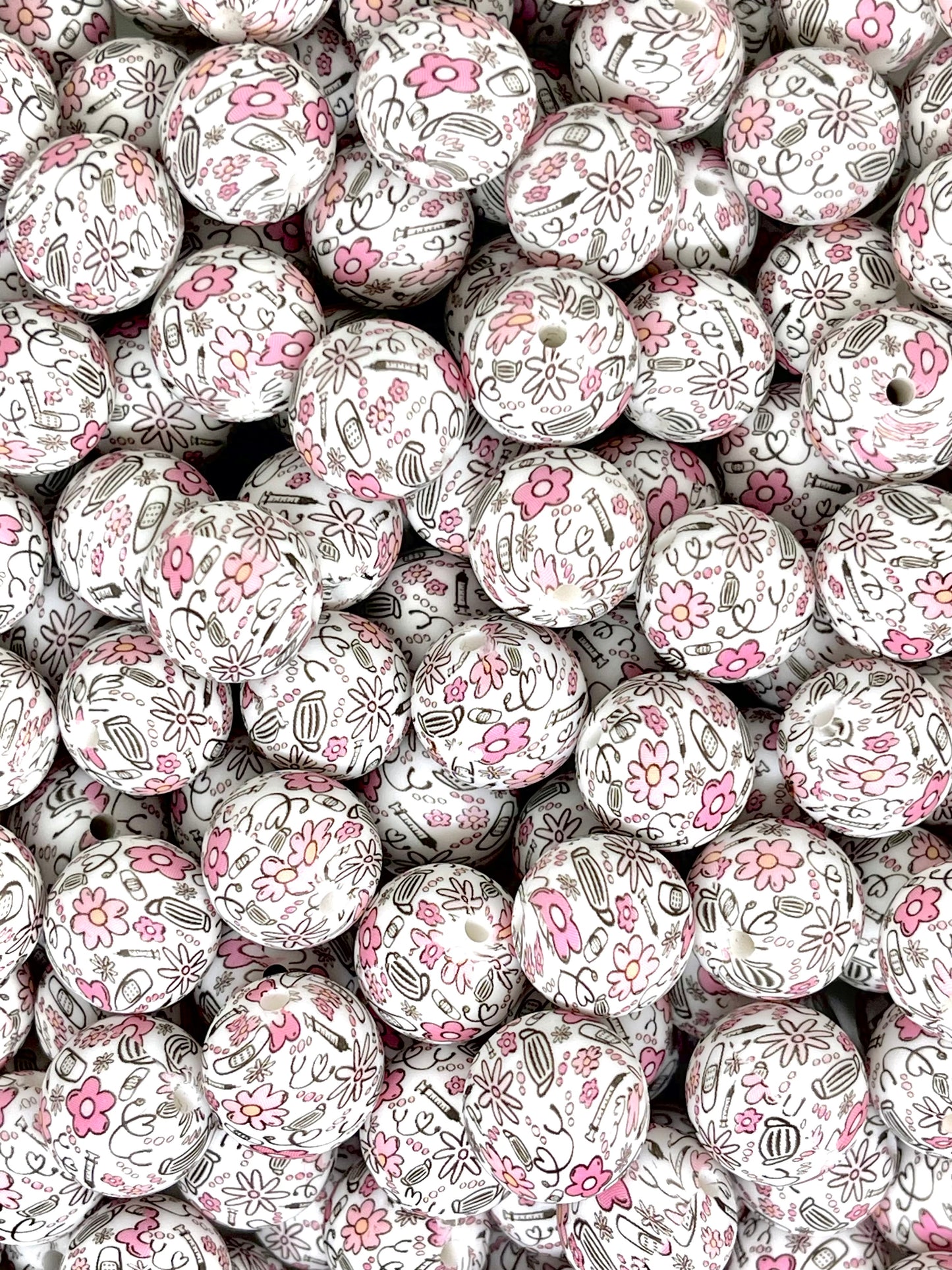 Health Care Printed Silicone Beads 15mm | Nurse Beads | Pink Beads | Colorful Bead