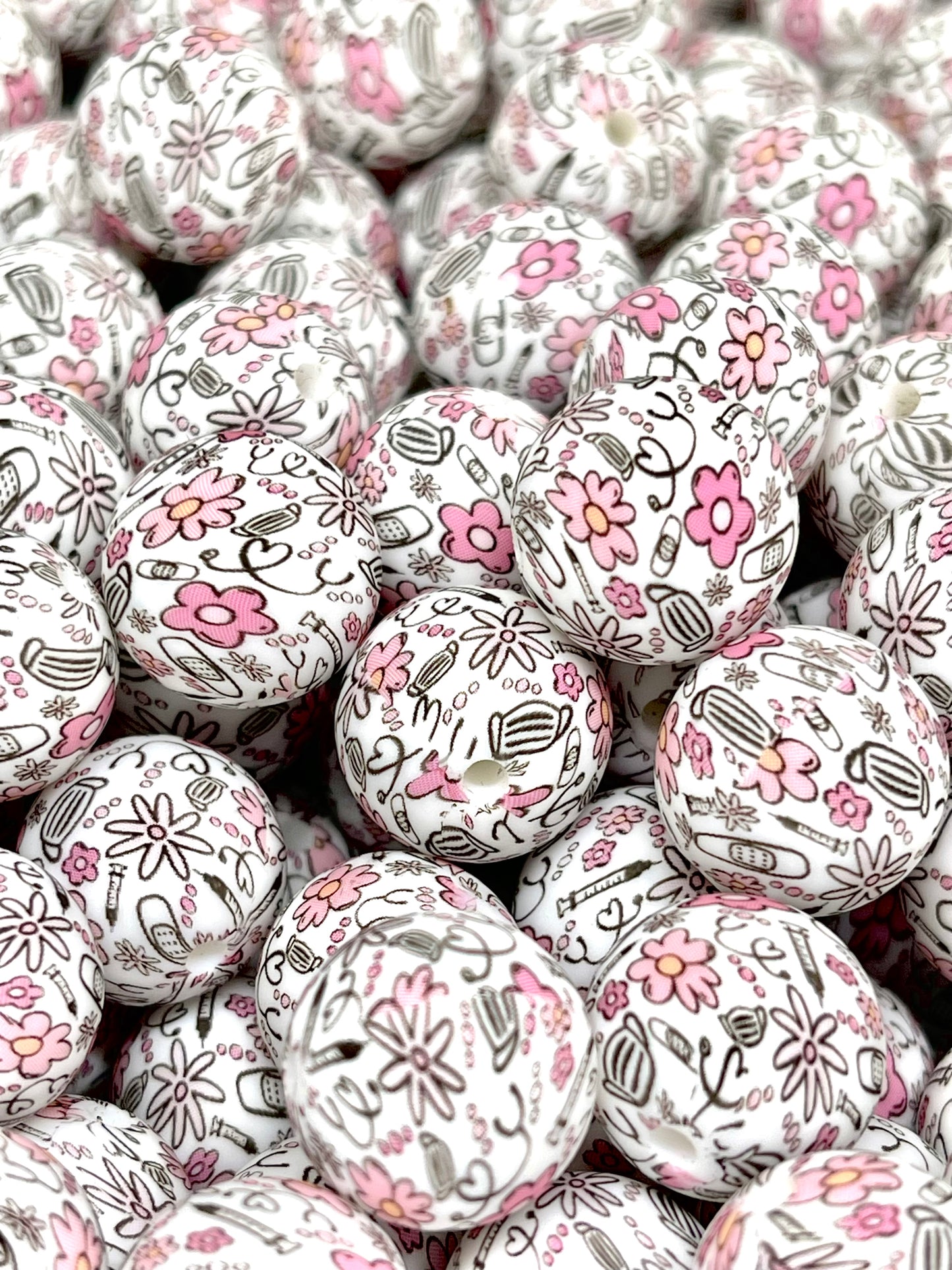 Health Care Printed Silicone Beads 15mm | Nurse Beads | Pink Beads | Colorful Bead