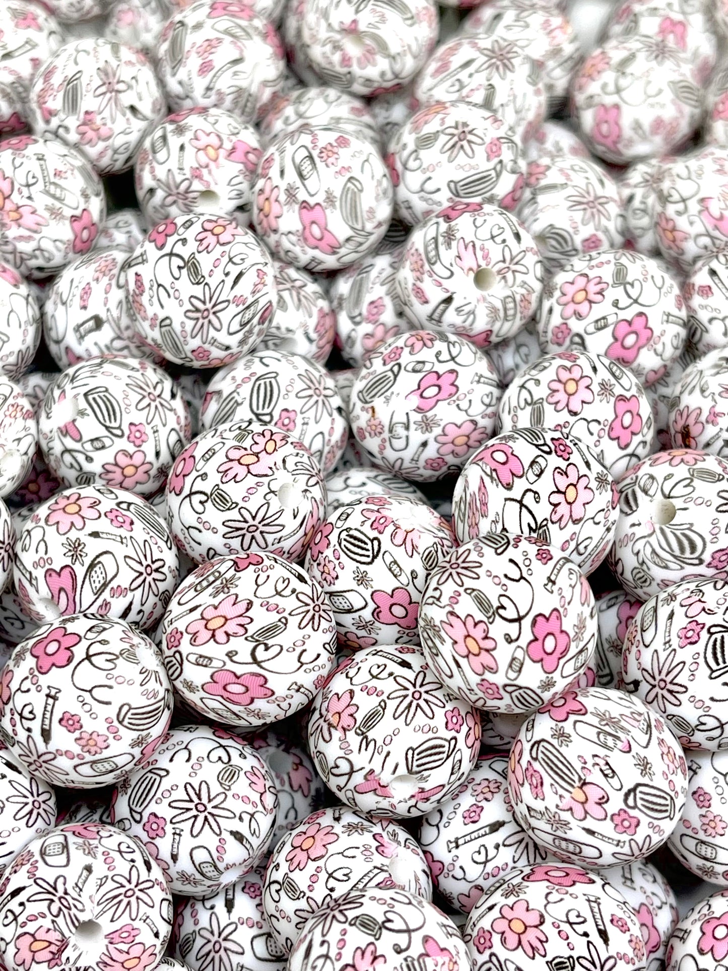 Health Care Printed Silicone Beads 15mm | Nurse Beads | Pink Beads | Colorful Bead