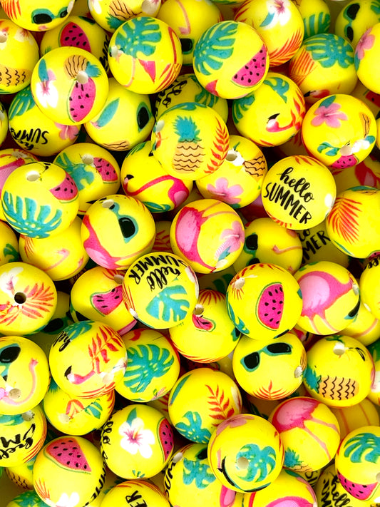 Hello Summer Printed Silicone Beads 15mm | Flamingo Beads | Printed Beads | Colorful Bead | Summer Beads